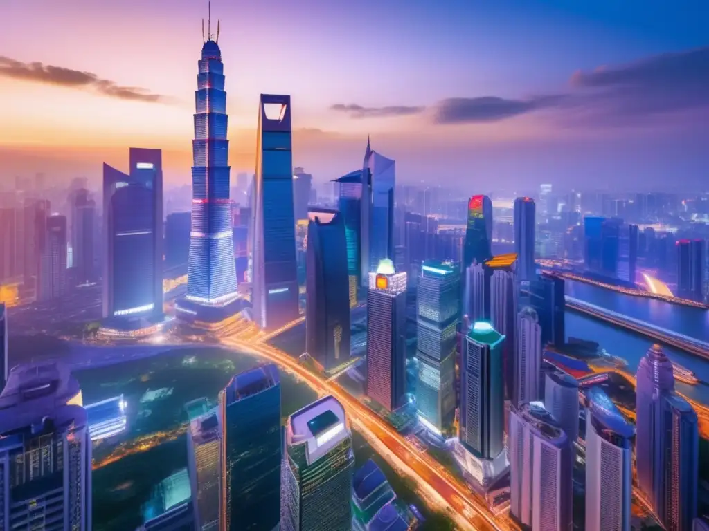 Ciudad asiática al atardecer: crecimiento y oportunidades Estrategias de inversión en Asia: Imagen de ciudad asiática vibrante al atardecer, con rascacielos modernos y dinámicos negocios en primer plano