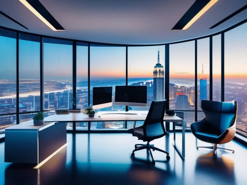 Oficina moderna con impresionante vista de la ciudad Estrategias inversión corto plazo exitosas, oficina moderna con vista panorámica, mobiliario contemporáneo y gráficos de inversiones rentables