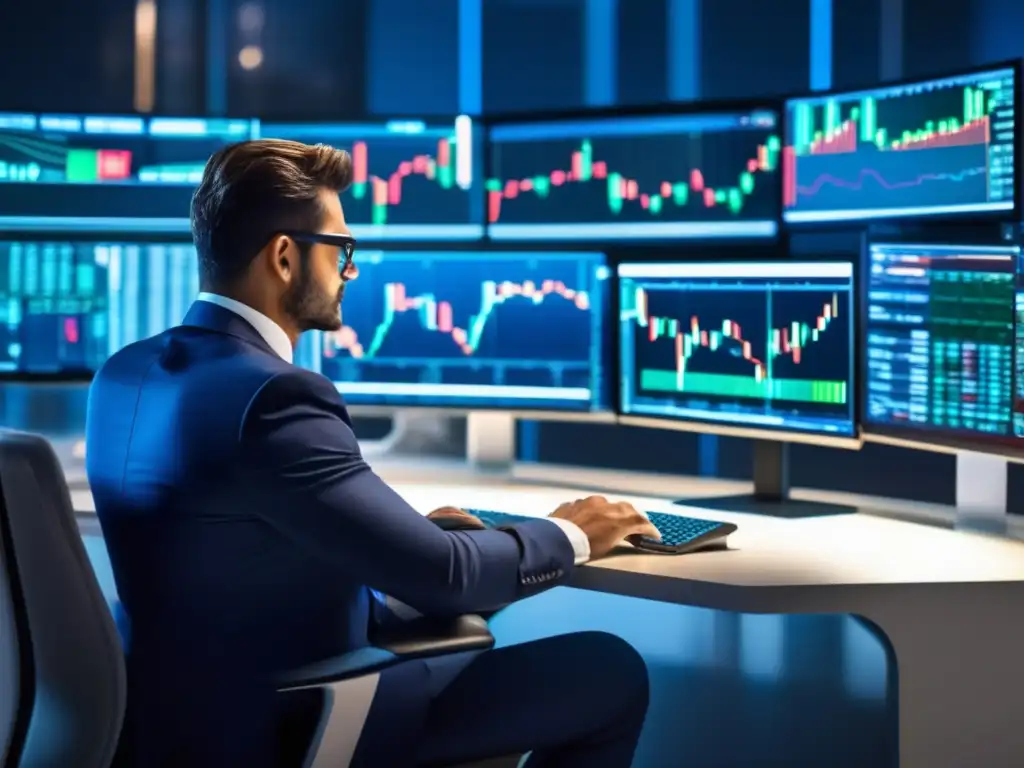 Trader profesional en un escritorio de trading moderno y tecnológico Estrategias corto plazo: Trader exitoso en una moderna oficina, rodeado de pantallas mostrando datos y gráficos del mercado bursátil