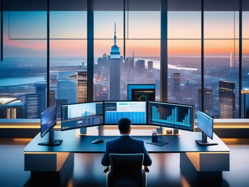 Futuro de las finanzas: trading moderno y elegante Estrategias inversión corto plazo: Futurista sala trading con traders analizando datos y realizando movimientos en mercado financiero