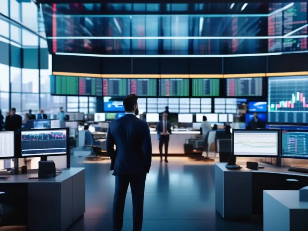 Traders en piso de bolsa moderno y dinámico Estrategias inversión corto plazo: moderna sala bursátil con traders analizando datos en tiempo real y tomando decisiones informadas