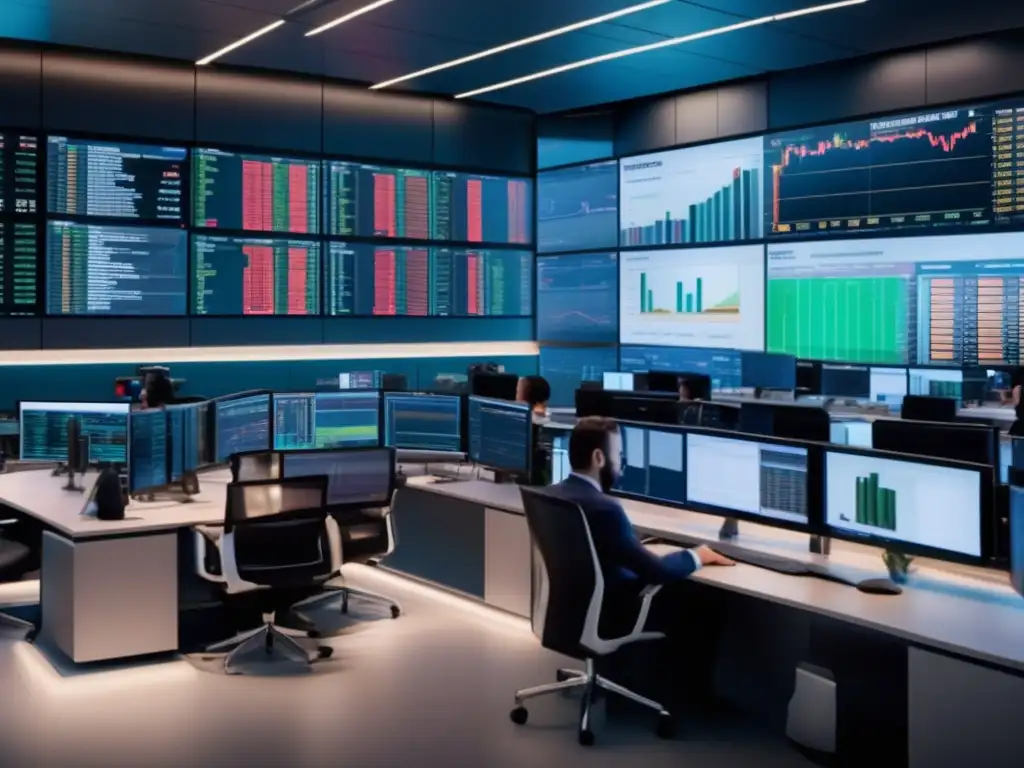 Piso de bolsa moderno y profesional Estrategias inversión corto plazo: sala operaciones moderna y profesional, traders analizando gráficos y tomando decisiones informadas