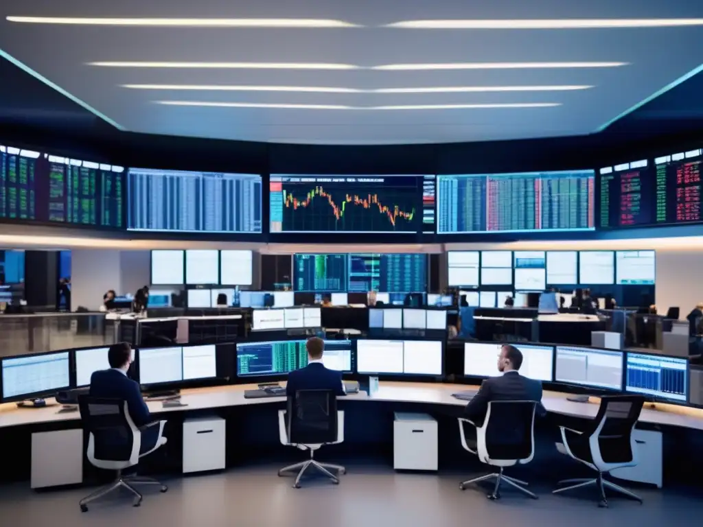 Traders profesionales en piso de operaciones Estrategias corto plazo: Traders profesionales monitorean datos en tiempo real en una moderna sala de trading iluminada con gráficos vibrantes