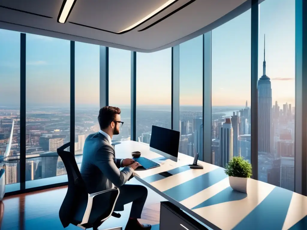 Oficina moderna con vista panorámica Estrategias de cosecha de pérdidas fiscales efectivas en una moderna oficina con vista panorámica de la ciudad