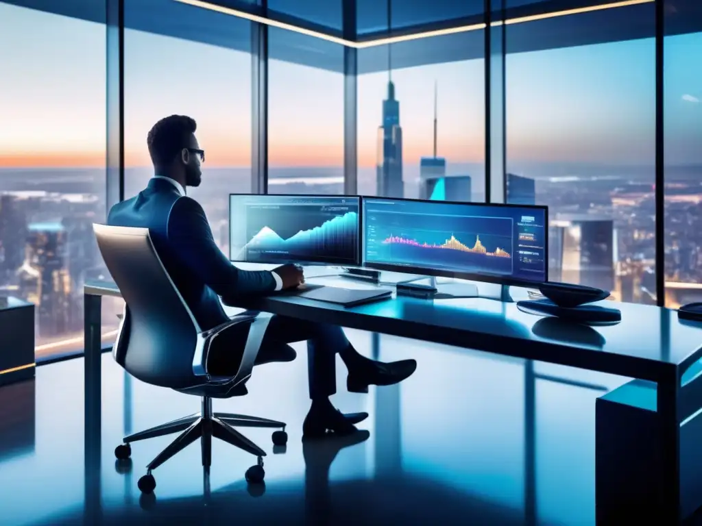 Oficina moderna con inversor exitoso Estrategias para invertir en criptomonedas en una oficina moderna con vista panorámica a la ciudad y tecnología avanzada