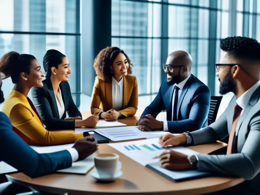 Reunión de profesionales diversos en oficina moderna Estrategias de inversión cultural diversa en una reunión de negocios