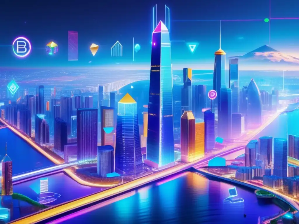 Ciudad futurista con rascacielos y criptomonedas Estrategias de inversión cultural diversa en una vibrante y futurista ciudad con rascacielos tecnológicos y gente diversa en las calles