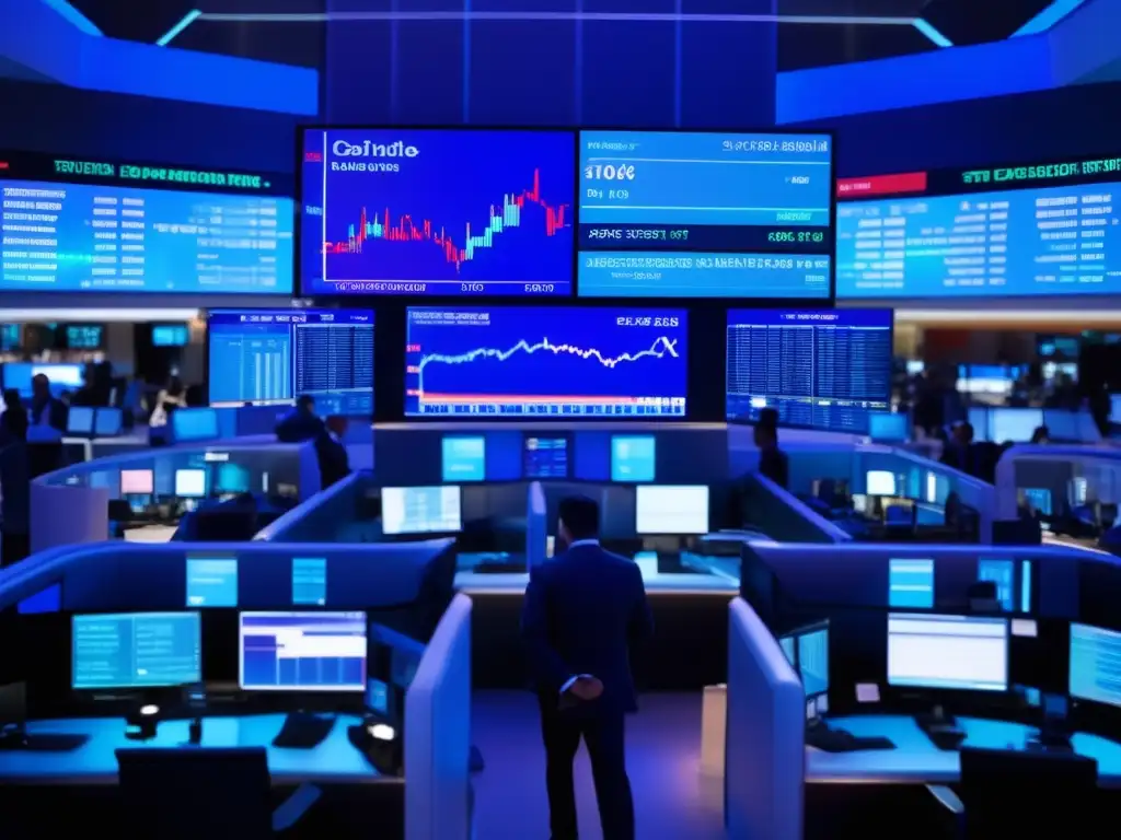 Traders en piso bursátil ocupado Estrategias para day traders en un bullicioso piso de bolsa moderno, iluminado en azul y repleto de traders en trajes elegantes