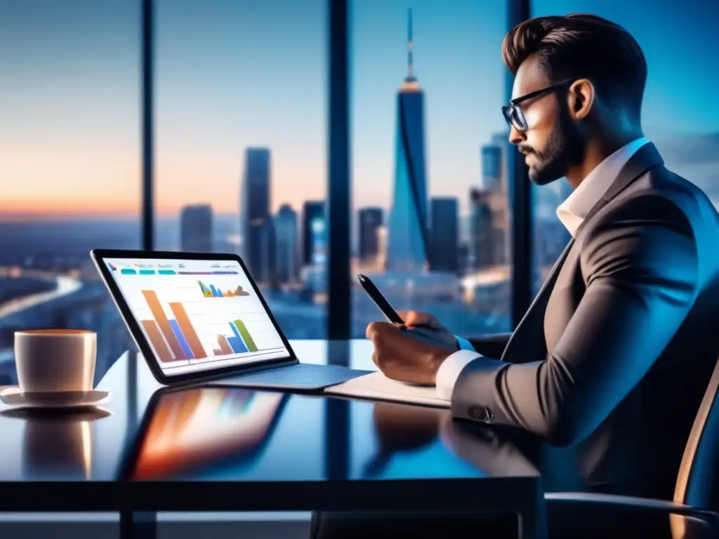 Persona enfocada en finanzas en un escritorio moderno Estrategias disciplina financiera inversiones - Persona enfocada en una ciudad vibrante, trabajando en un escritorio moderno con vista panorámica