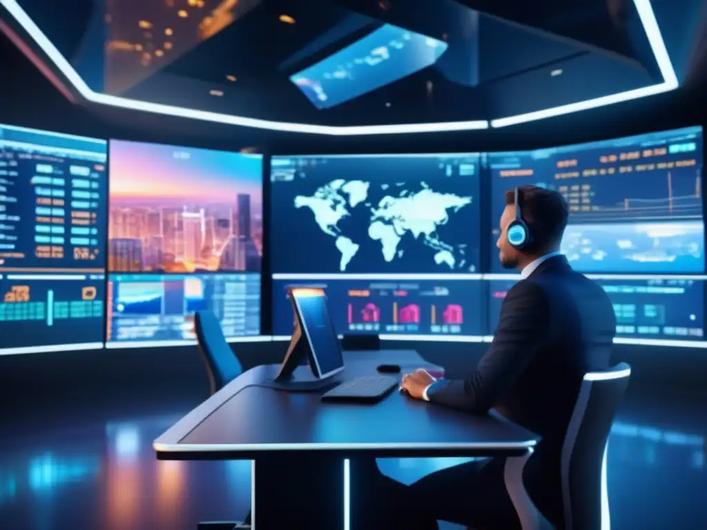 Sala de trading futurista: profesionales y tecnología Estrategias de diversificación de divisas en una sala de trading futurista iluminada por pantallas digitales