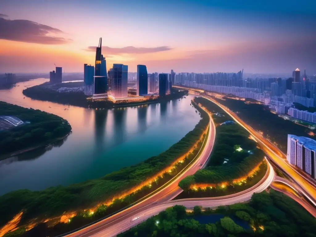 Impresionante ciudad moderna al atardecer Estrategias de diversificación financiera en una ciudad moderna, próspera y futurista al atardecer