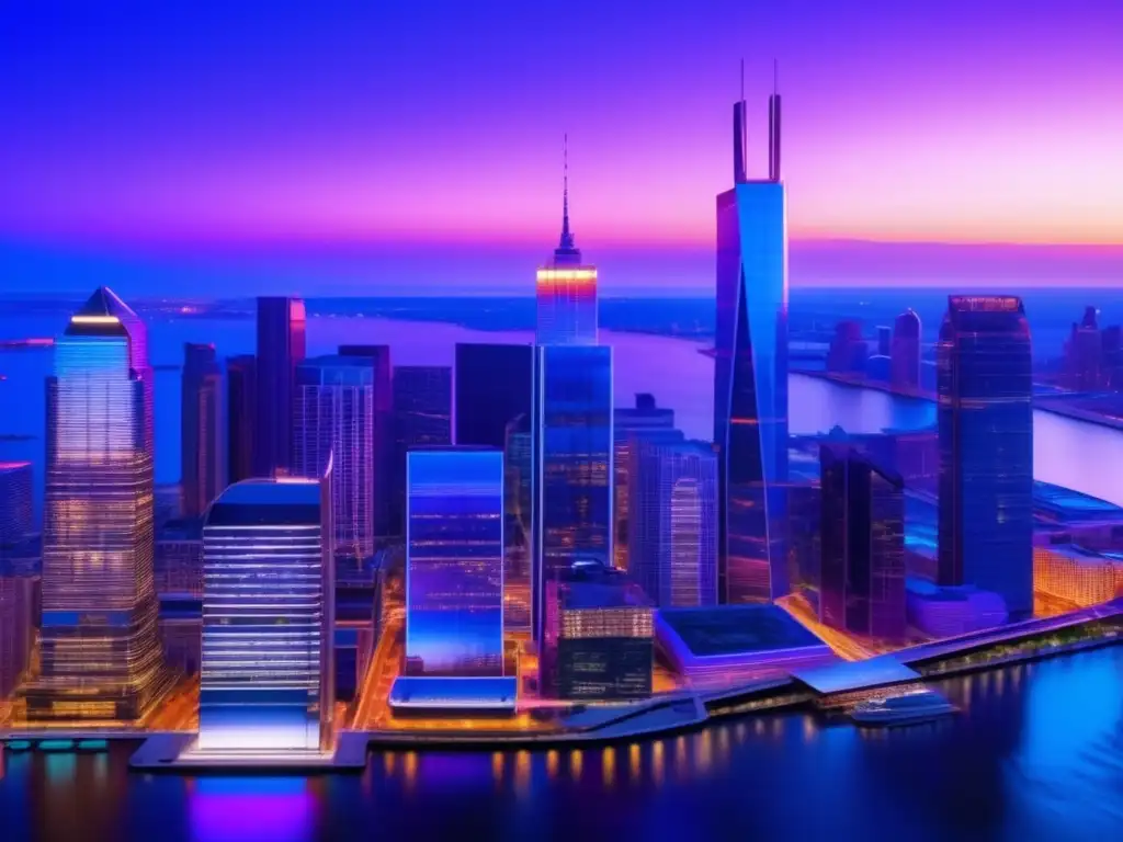 Skyline financiero moderno al atardecer Estrategias de diversificación financiera 2023: Ciudad futurista con skyline financiero moderno y profesionales colaborando