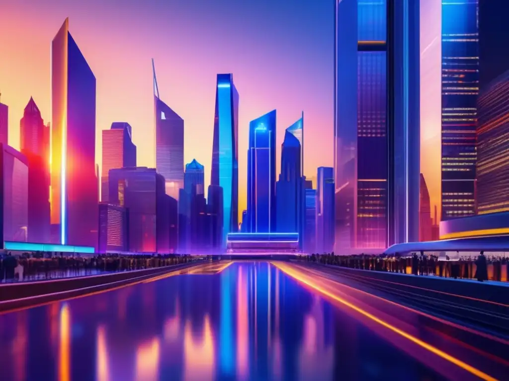 Futuro financiero: Ciudad moderna y vibrante Estrategias de diversificación financiera en vibrante ciudad financiera al anochecer