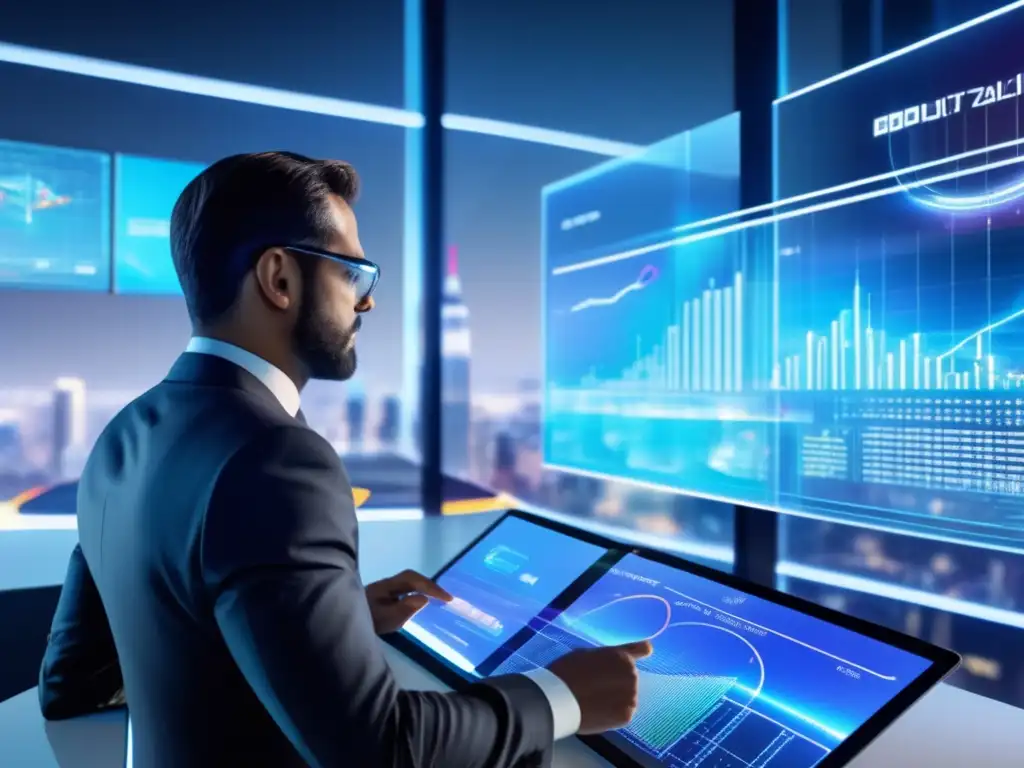 Futuro hub financiero con tecnología avanzada Estrategias de diversificación en staking financiero en un centro financiero futurista con tecnología avanzada y análisis de riesgo
