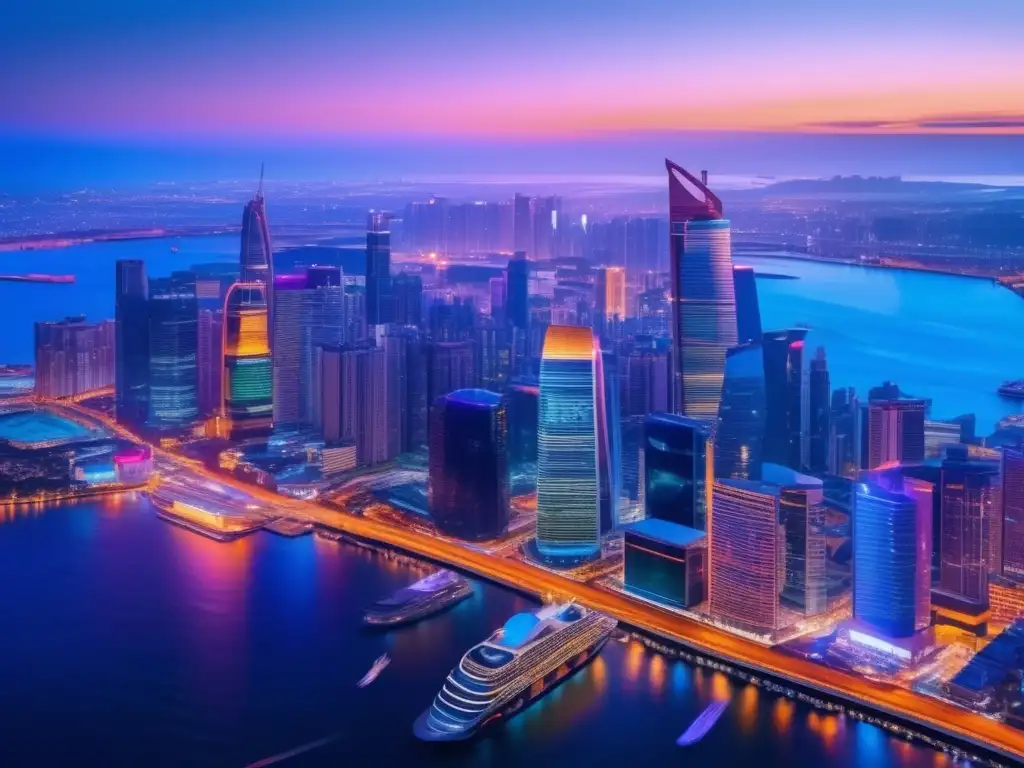 Ciudad moderna y dinámica al atardecer Estrategias de diversificación fiscal en una impactante imagen 8k de una ciudad vibrante al atardecer
