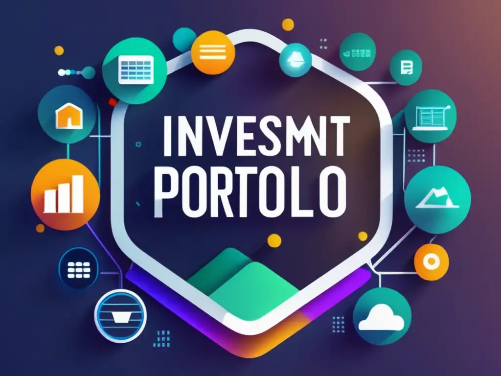 Portafolio de inversión diversificado Estrategias de diversificación para inversiones: cartera diversa de activos representados por iconos y líneas interconectadas