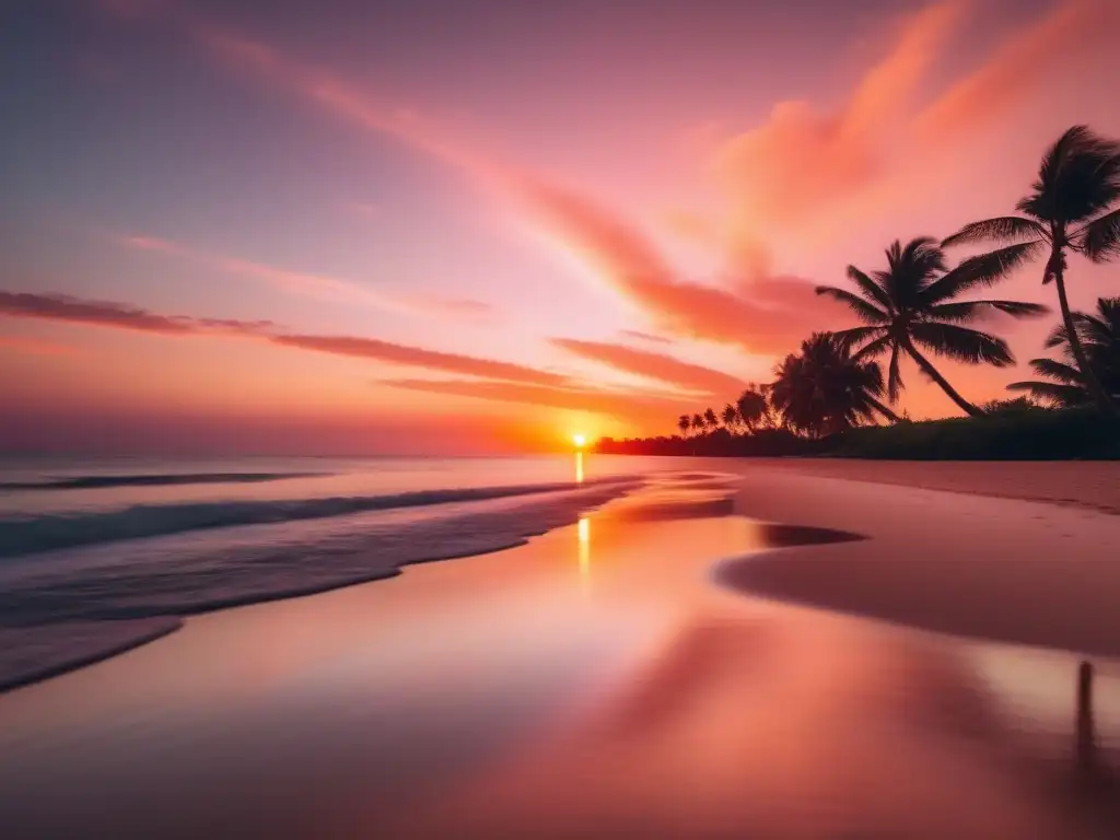 Playa al atardecer: calma y serenidad Estrategias emocionales inversión mercado: Sereno atardecer en la playa con cielo dorado y agua reflejando colores vibrantes
