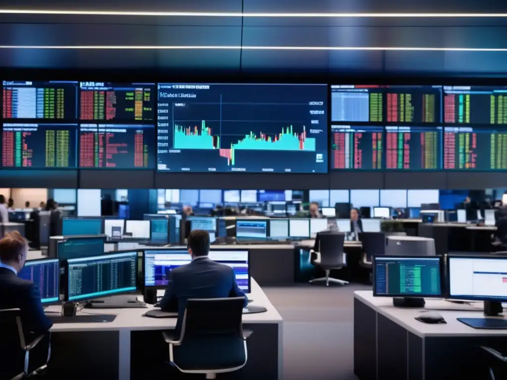 Traders en piso financiero moderno Estrategias especulativas de inversión a corto plazo en un moderno piso de trading financiero lleno de actividad