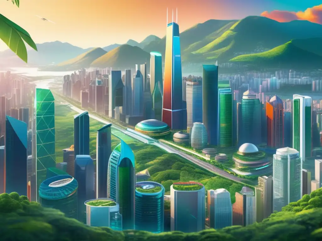 Futuroso horizonte urbano latinoamericano Estrategias inversión ETFs latinoamericanos: ciudad futurista con rascacielos, inversores analizando datos en dispositivos digitales
