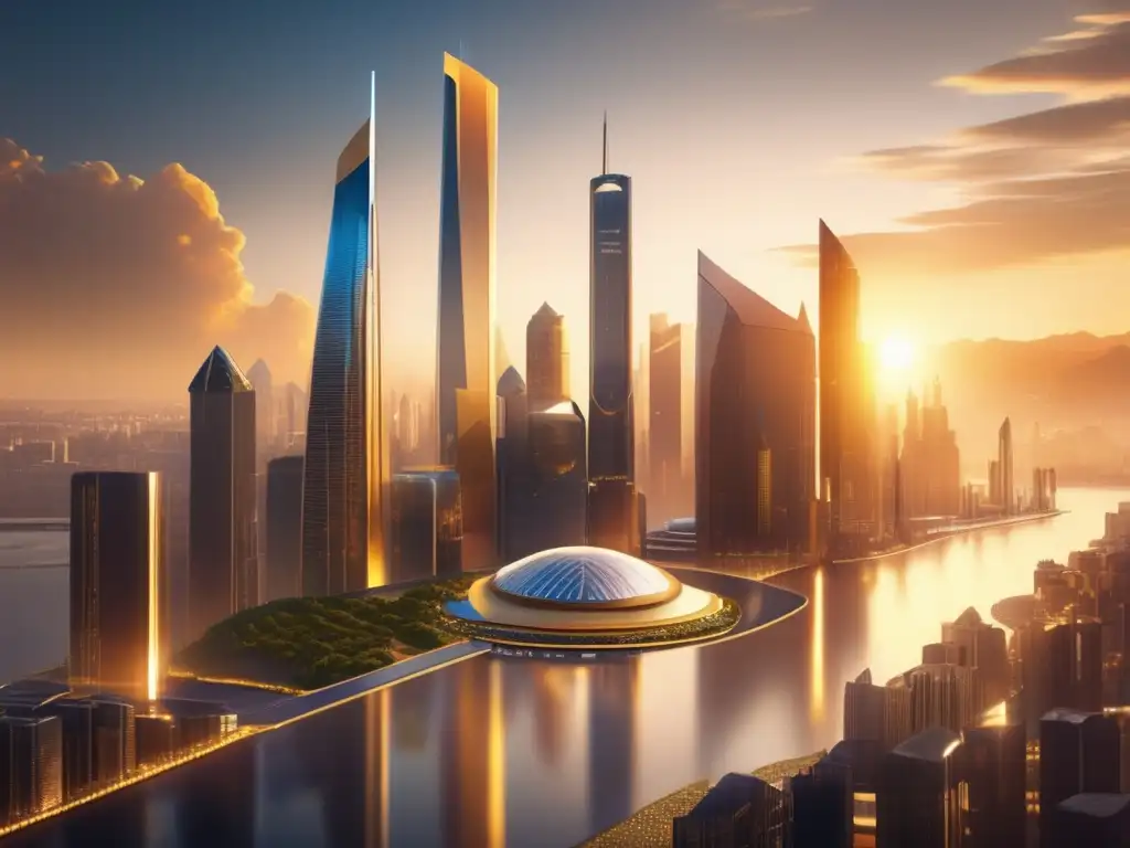 Futuro financiero: ciudad dorada, rascacielos ICO Estrategias ICO exitosas: Futurista ciudad financiera con rascacielos, profesionales discutiendo y oportunidades de inversión