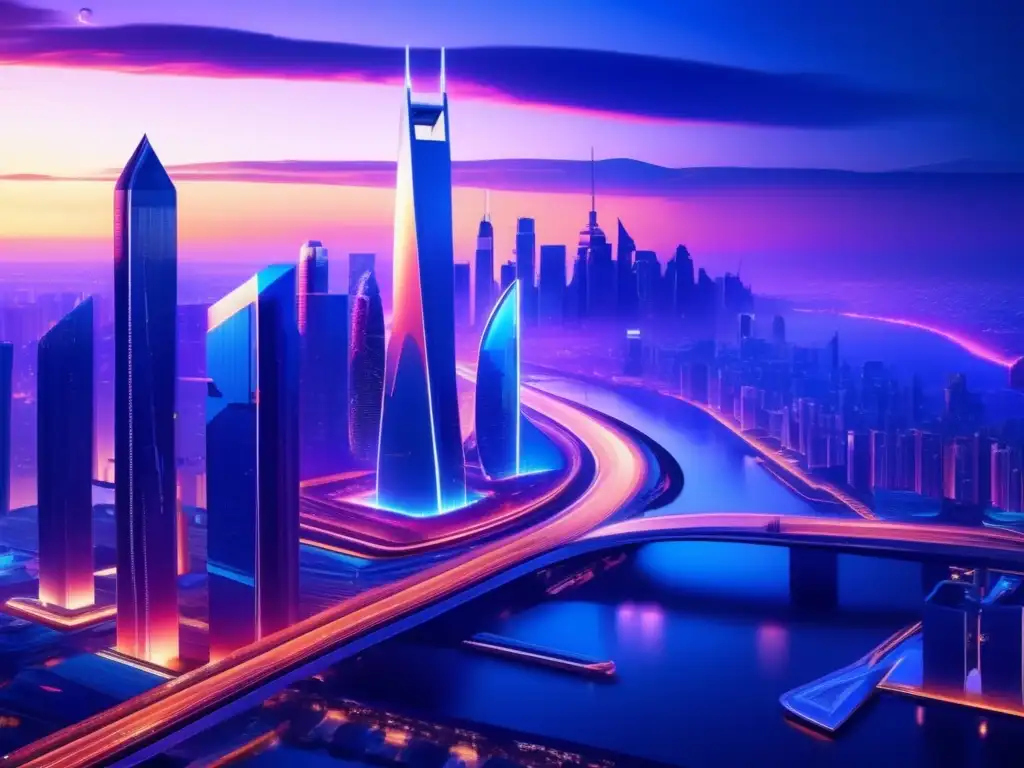 Futurista skyline ICO: ciudad de noche Estrategias ICO exitosas en futurista ciudad con rascacielos modernos, autos autónomos y profesionales evaluando el proyecto