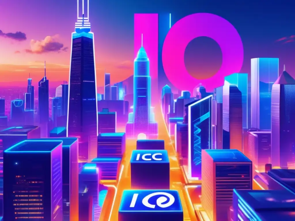 Evolución del mercado ICO: Futurista ciudad financiera Estrategias ICO exitosas en un paisaje futurista con rascacielos, criptomonedas y profesionales analizando datos