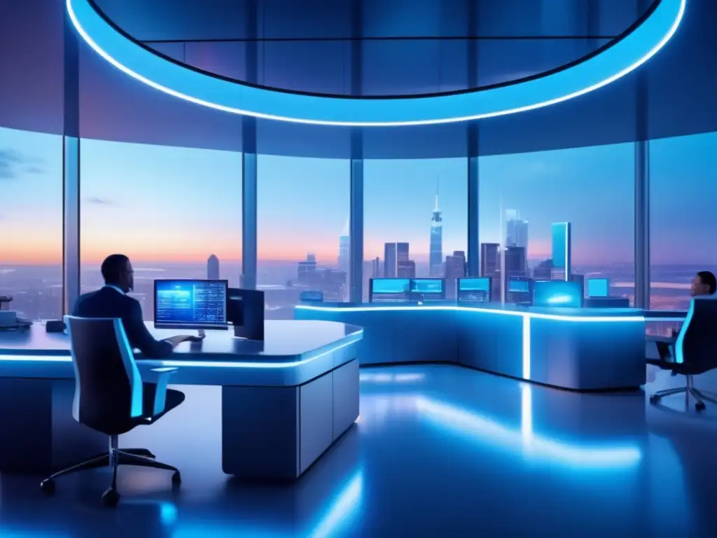 Traders in futuristic trading floor Estrategias Fibonacci trading avanzado: Futuro Trading Floor sofisticado y tecnológico en una ciudad atardeciendo