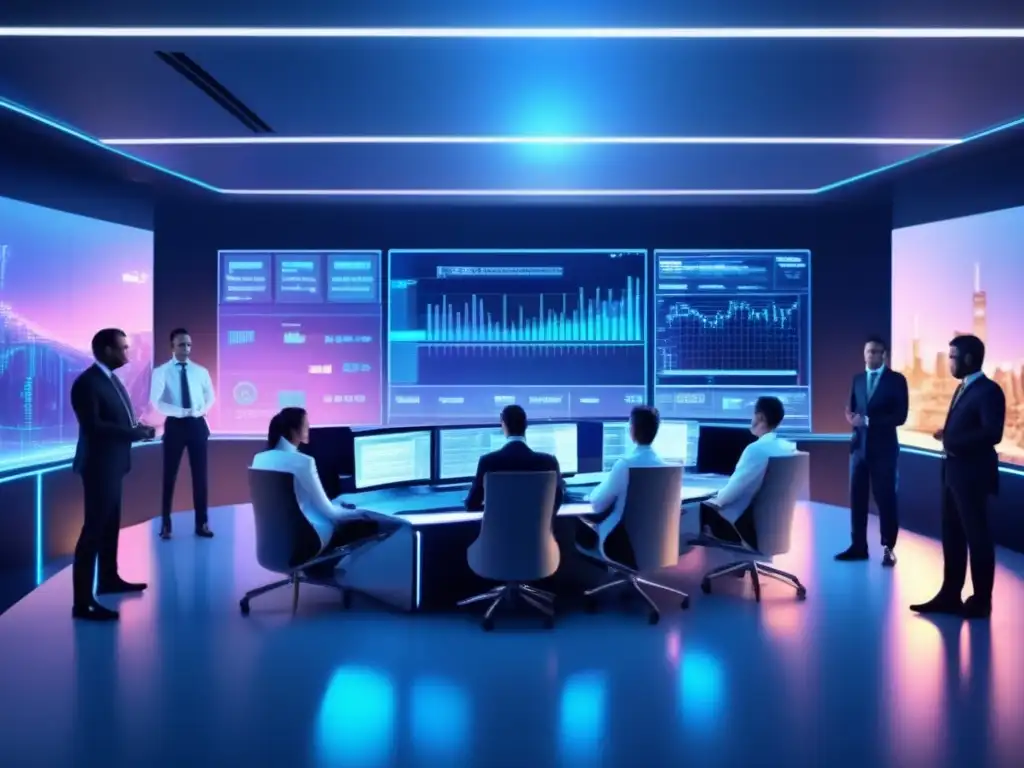 Traders analizando gráficos y estrategias Estrategias Fibonacci trading avanzado en sala de operaciones futurista