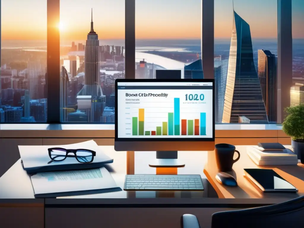 Oficina moderna: escritorio, gráficos financieros, ciudad próspera Estrategias fiscales para bonos de renta fija en moderna oficina con vista panorámica y gráficos financieros