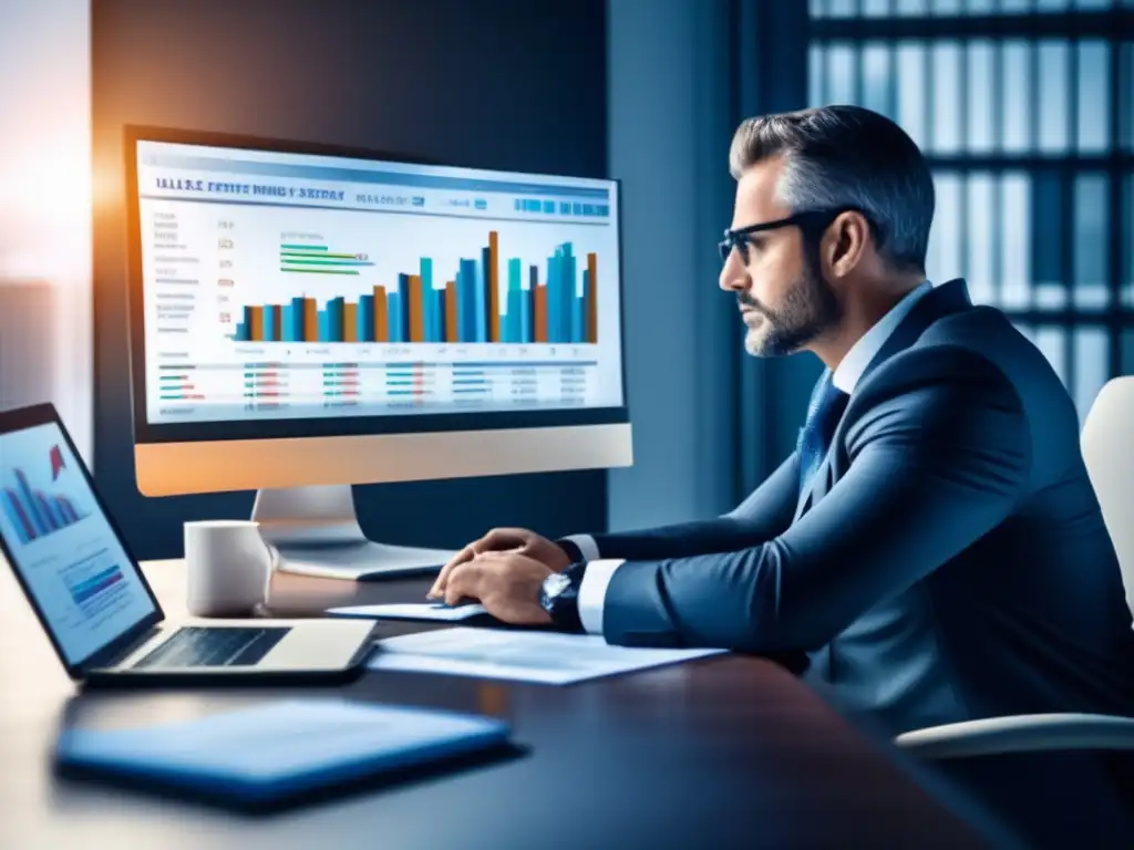 Empresario analizando inversiones Estrategias fiscales para inversores en una oficina moderna con un empresario analizando gráficos de inversión