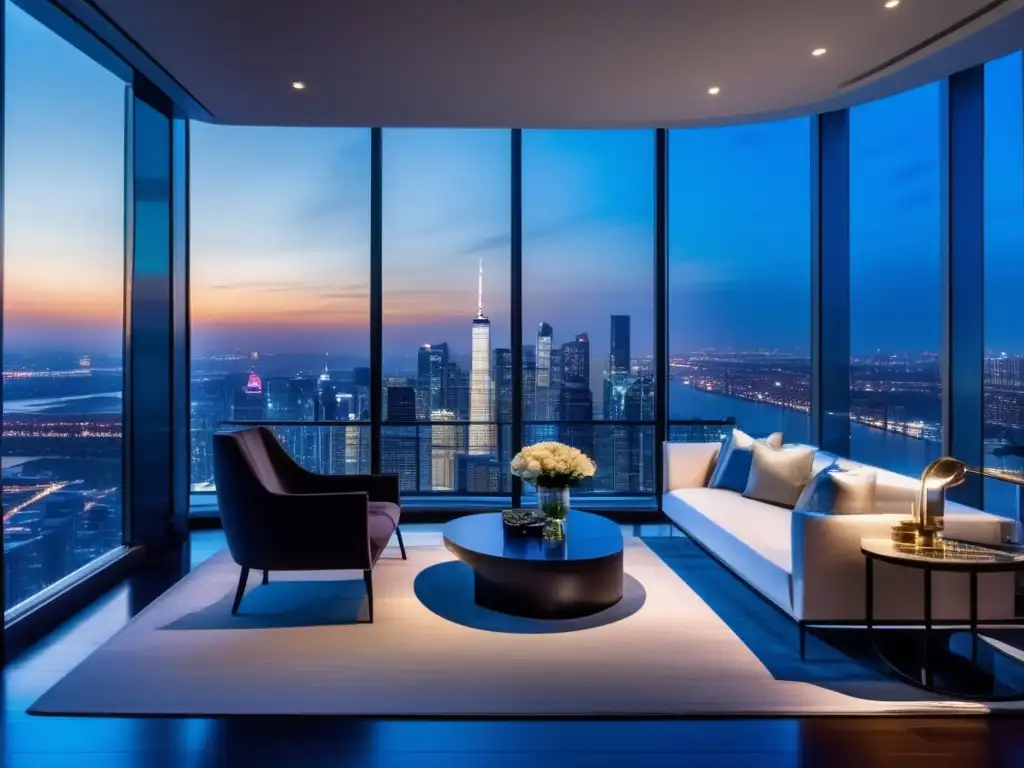 Estrategia de impuestos para inversores privados Estrategias fiscales para inversores privados en lujoso penthouse con vista panorámica a la ciudad al atardecer