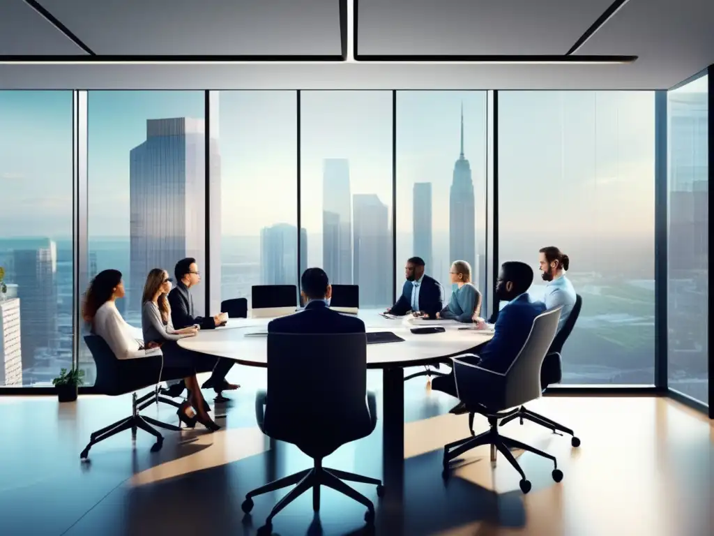Oficina moderna con profesionales en discusión Estrategias fiscales para inversores privados en una moderna oficina con ventanales y profesionales discutiendo sobre impuestos