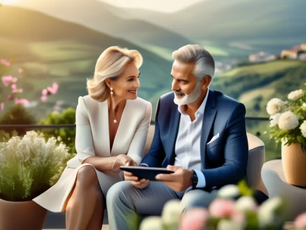 Pareja madura planeando jubilación con asesor financiero Estrategias fiscales para el retiro: Pareja madura en terraza, consultando a asesor financiero con tablet y paisaje sereno