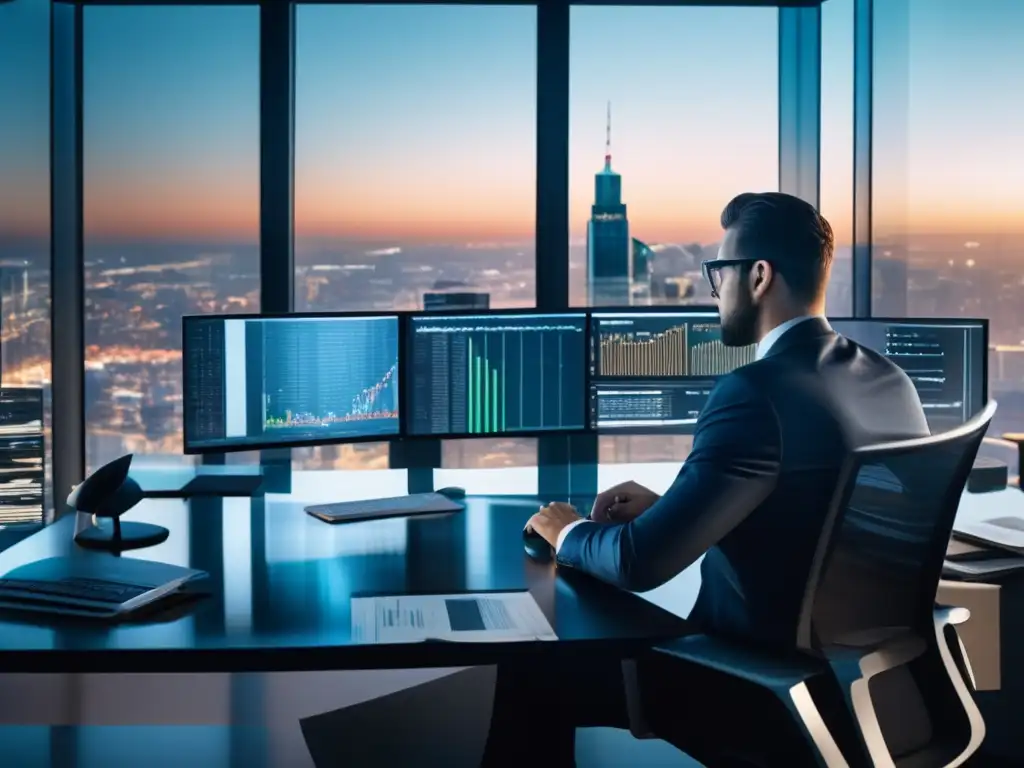 Oficina moderna con inversor analizando gráficos Estrategias fiscales para trading de opciones en moderna oficina