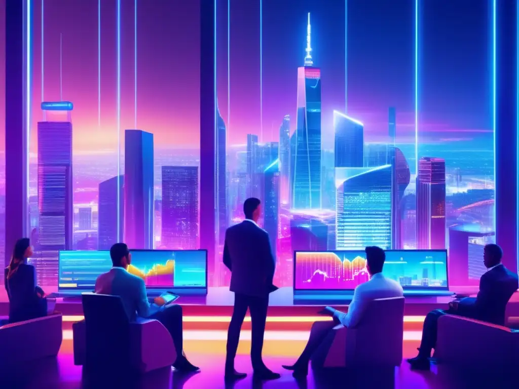 Ciudad futurista vibrante: inversión y tecnología Estrategias de inversión para el futuro en una ciudad futurista con rascacielos iluminados por luces de neón
