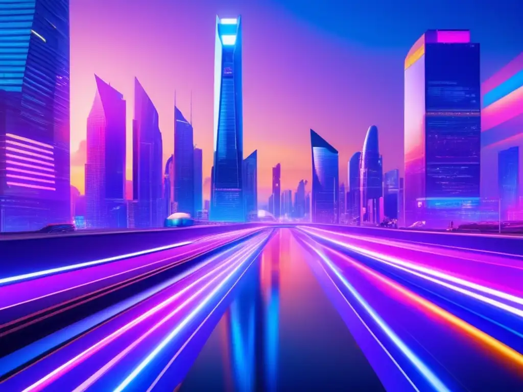Futurista ciudad con rascacielos y luces LED vibrantes Estrategias de inversión para el futuro: Ciudad futurista con rascacielos iluminados y actividad tecnológica