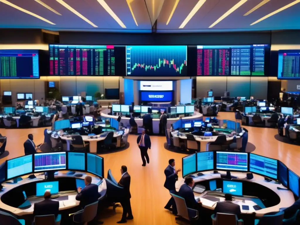Piso de bolsa lleno de traders Estrategias para invertir en futuros y opciones en la dinámica bolsa de valores