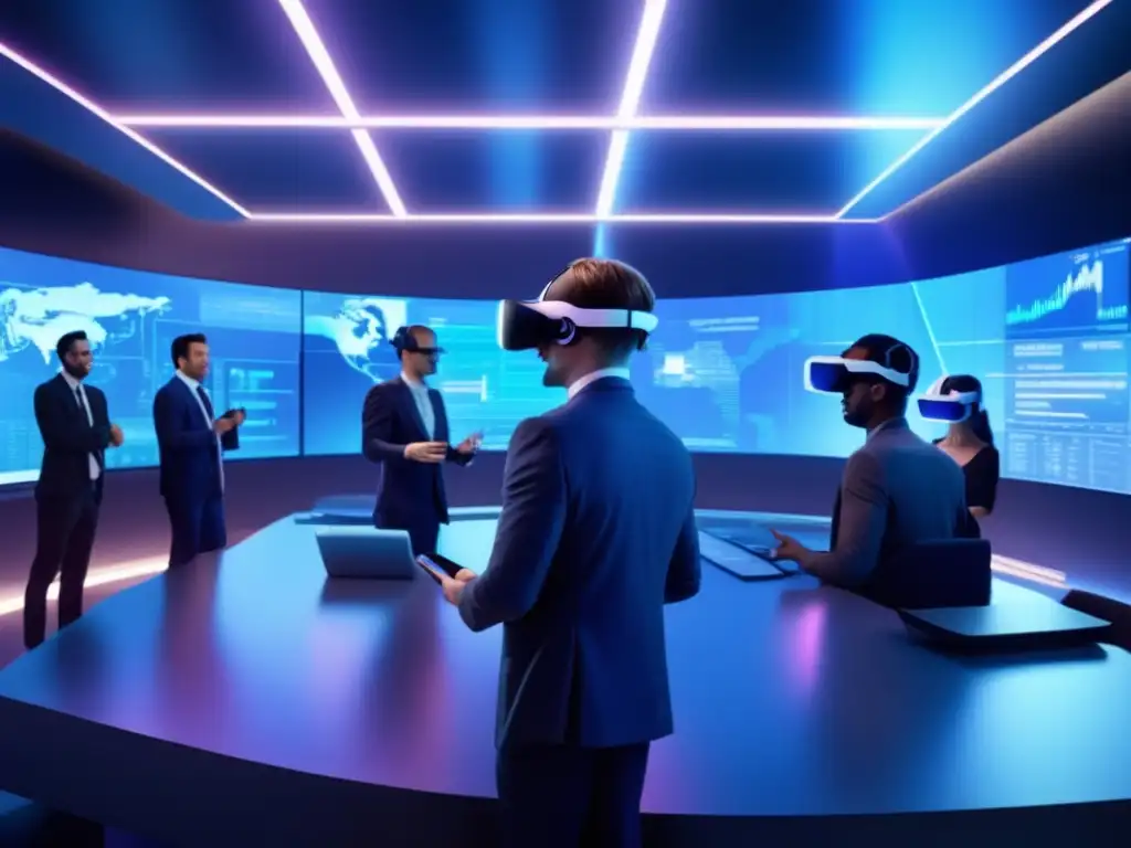 Traders virtuales en sala de trading futurista con realidad virtual Estrategias ganadoras simuladores inversión: Futuro trading con realidad virtual, tecnología y finanzas en un espacio futurista y sofisticado