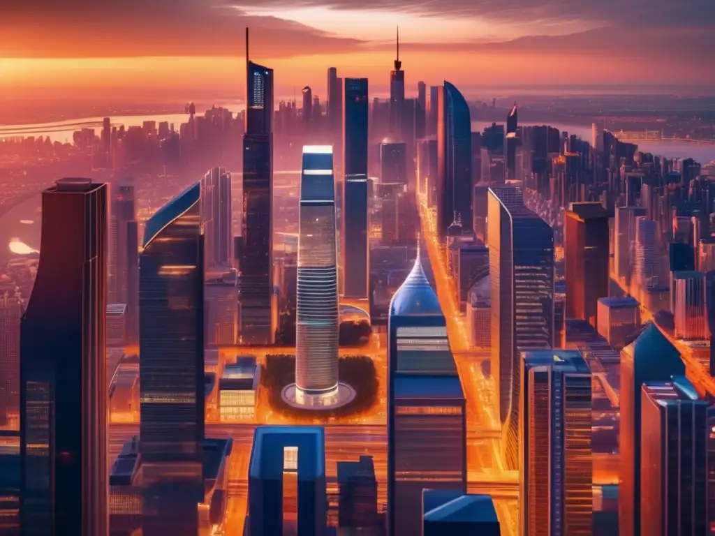 Ciudad financiera vibrante al atardecer Estrategias gestión riesgos inversores: Moderna ciudad financiera al atardecer con rascacielos reflejando el sol