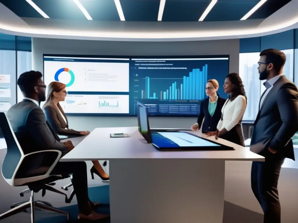 Oficina moderna con juego de simulación y estrategias de inversión Estrategias de inversión en juegos: Grupo profesional en oficina simulando estrategias en pantalla interactiva