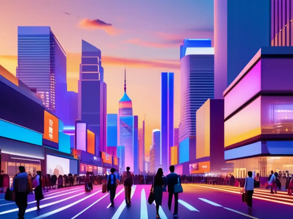 Distrito financiero asiático vibrante al atardecer Estrategias de inversión en Asia: Imagen impactante de un distrito financiero asiático al atardecer, con rascacielos modernos iluminados y una escena callejera dinámica que refleja la diversidad y oportunidades de inversión en la región
