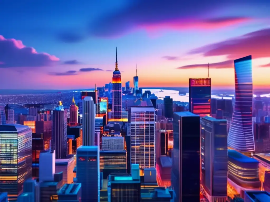 Ciudad nocturna con edificios modernos y personas profesionales discutiendo Estrategias para invertir en inflación y deflación: Ciudad moderna con skyline al atardecer, profesionales discutiendo y gráficos económicos