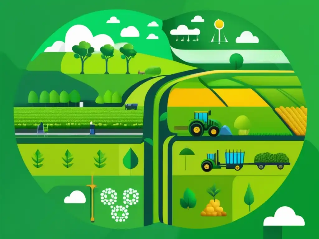 Análisis futurista de yield farming Estrategias de yield farming inteligente en un paisaje digital con campos verdes y símbolos diversos, expertos analizando datos y gráficos