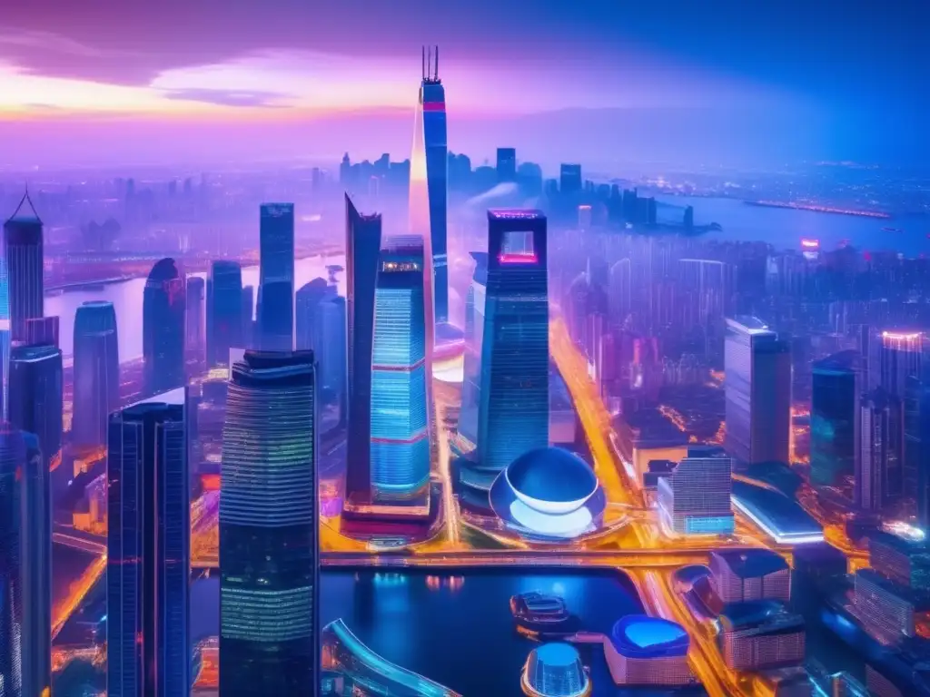 Ciudad nocturna iluminada con rascacielos Estrategias de inversión internacional exitosas, ciudad iluminada al atardecer