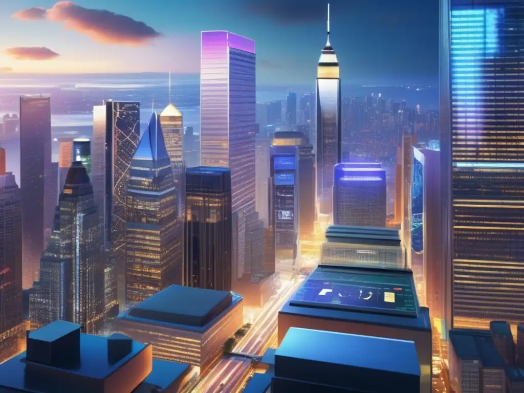 Finanzas nocturnas en la ciudad Estrategias inversión acciones financieras en distrito financiero animado al atardecer