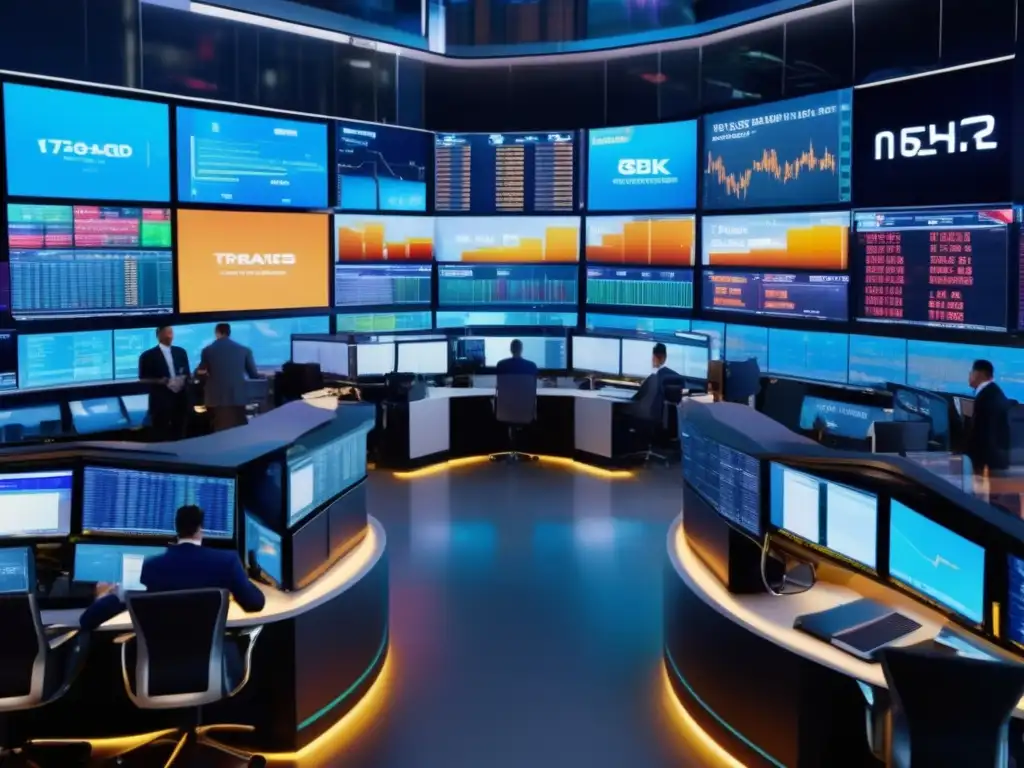 Traders en piso de negociación moderno Estrategias inversión acciones financieras en un trading floor futurista y dinámico