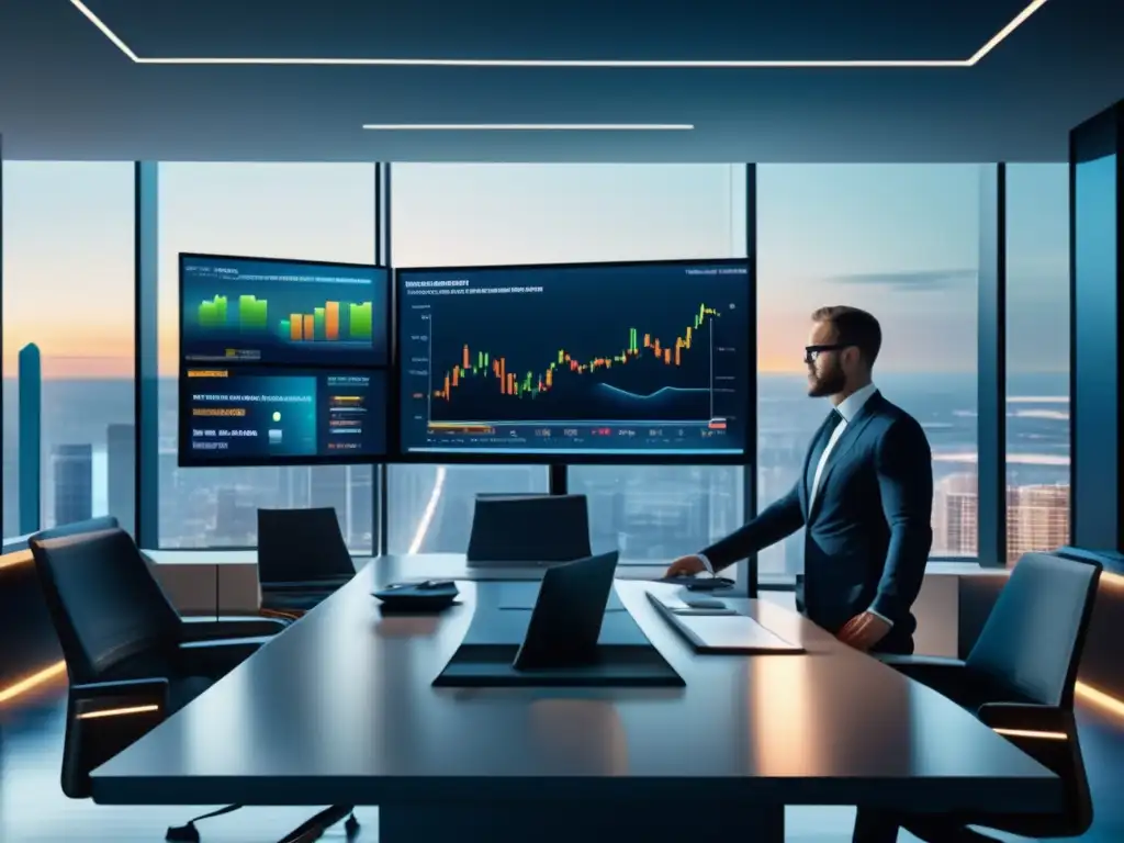 Oficina innovadora de inversión activa Estrategias de inversión activa moderna en una oficina futurista con profesionales analizando datos financieros