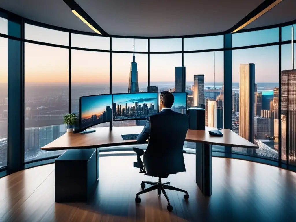 Oficina moderna con vista panorámica de la ciudad Estrategias de inversión activa en moderna oficina con vista panorámica a la ciudad