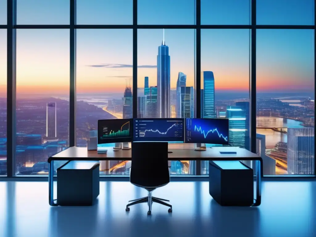 Oficina moderna con vista panorámica Estrategias de inversión activa en una moderna y elegante oficina con vistas panorámicas a la ciudad