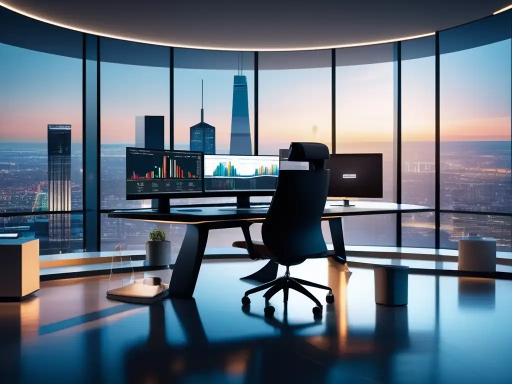 Oficina moderna con inversor analizando datos financieros Estrategias de inversión activa en una oficina moderna con vista urbana